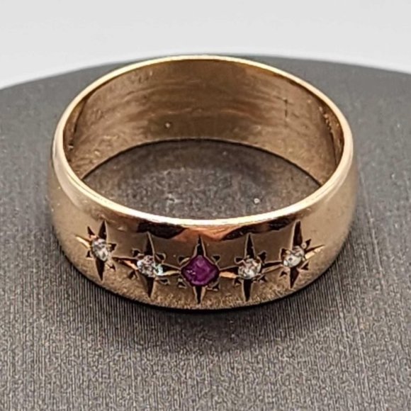 Vintage Victorian 18K Yellow Gold Star Set Ruby and Diamond Band Ring Estate - Picture 2 of 5